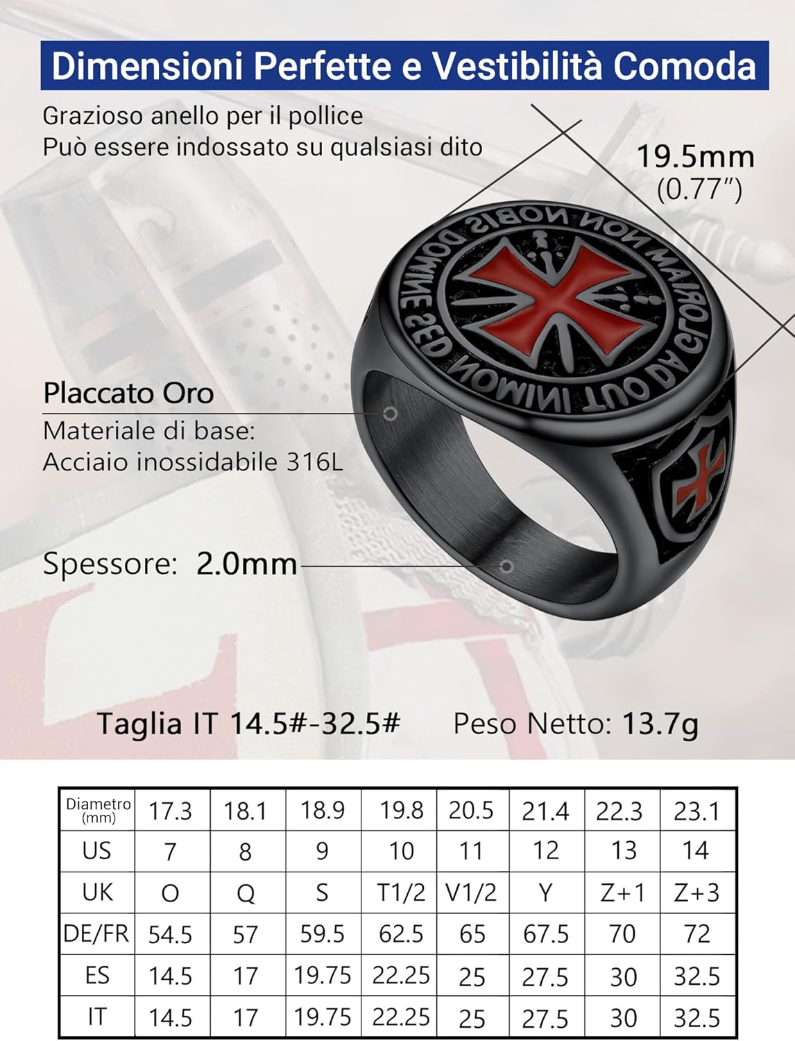 Thumbnail 2 de PROSTEEL anello in acciaio Cavalieri Templari con croce gotica punk, 316L con confezione regalo