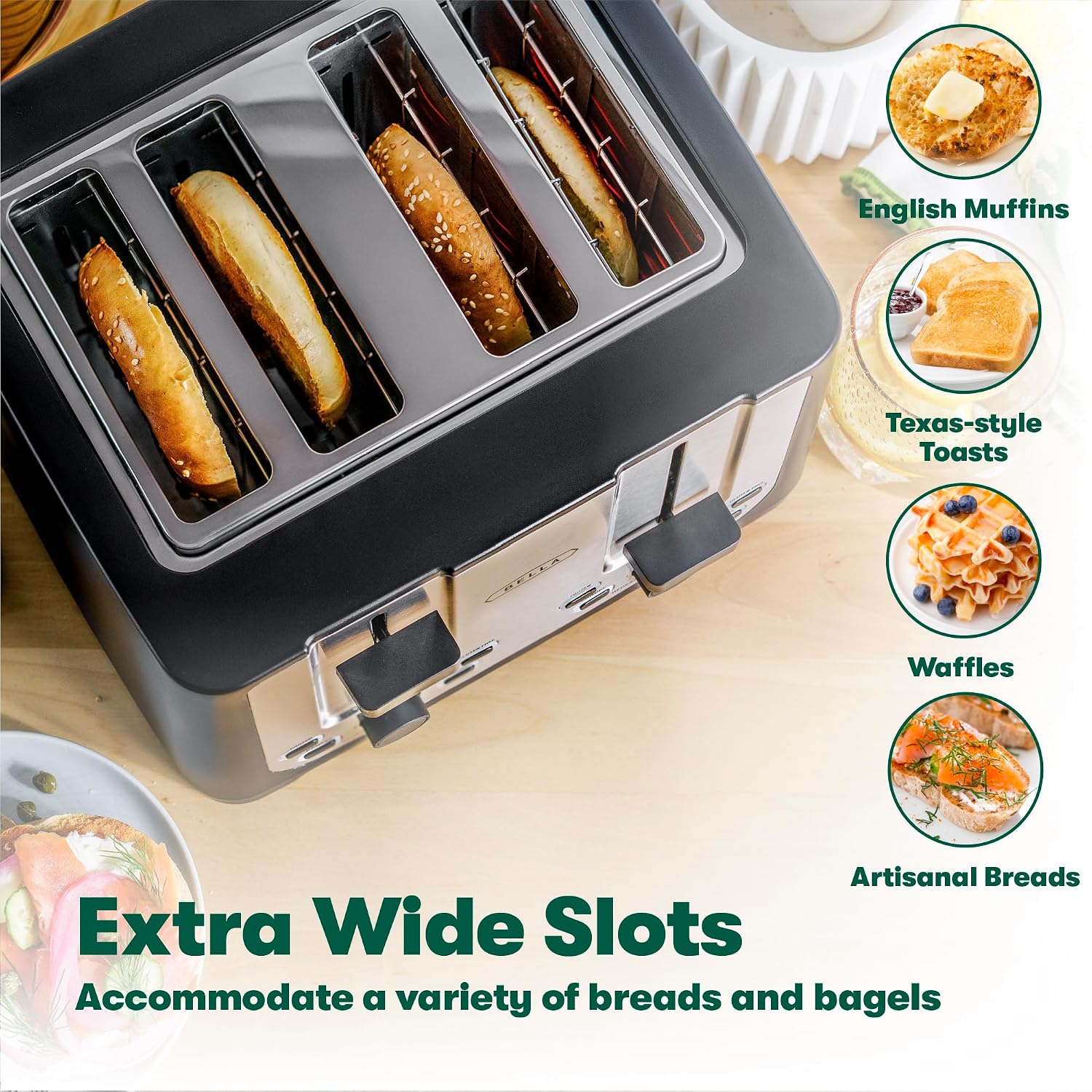 Detalle de bella 4 Slice Toaster with Auto Shut Off, Extra Wide Slots and Removable Crumb Tray