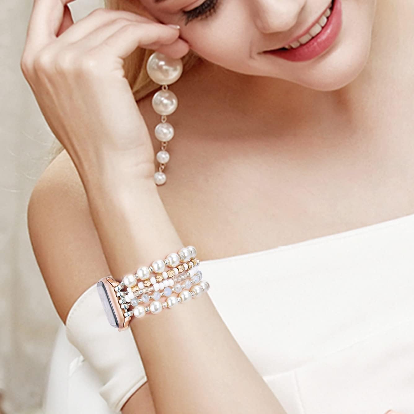 Thumbnail 5 de VISOOM Beaded Bracelet for Apple Watch 38mm/40mm/41mm/42mm (Pearl & Crystal Stretch Band)