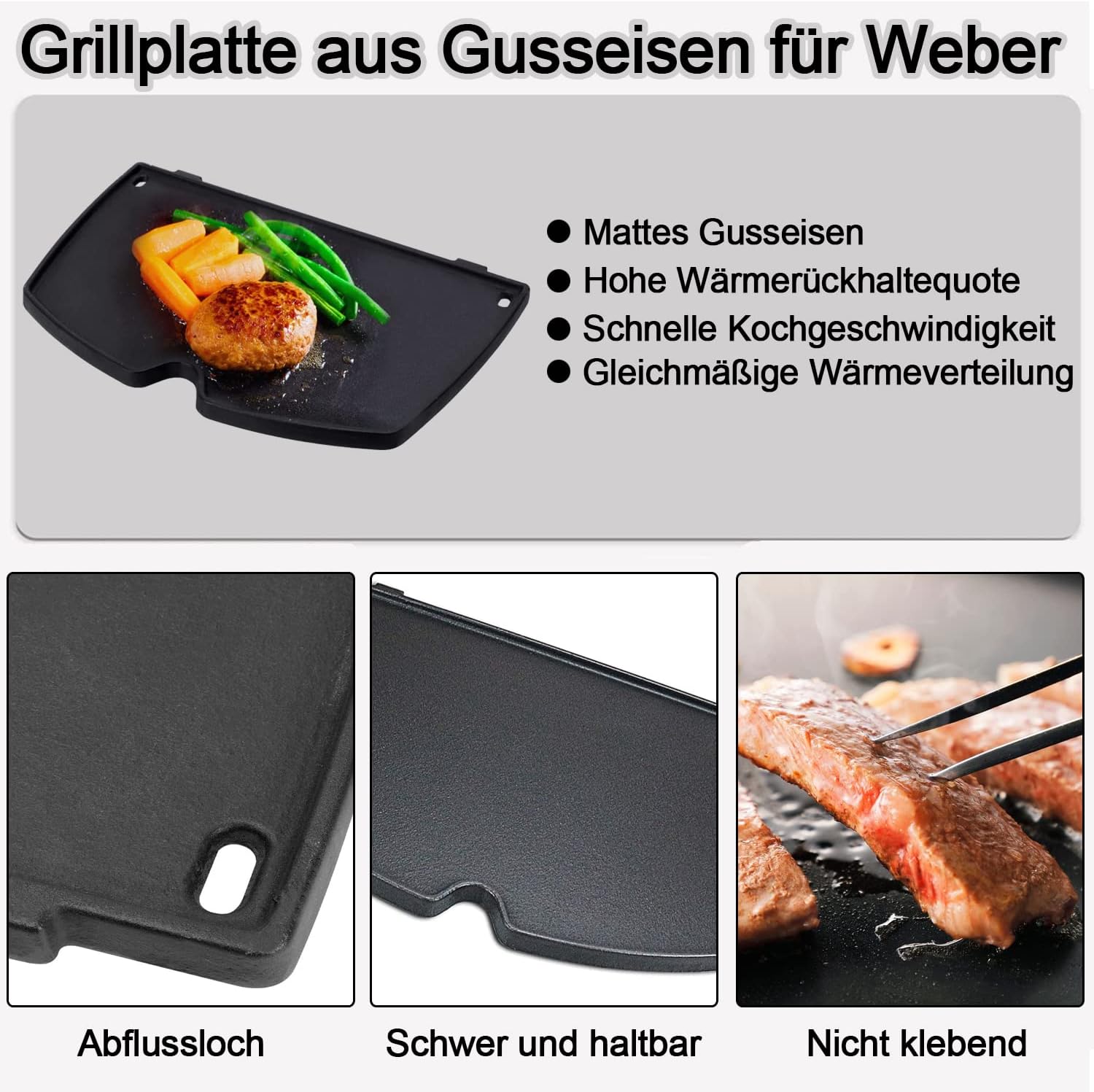 Thumbnail 2 de Vnierxful 6558 Grillplatte aus Gusseisen für Weber Q100/Q120/Q140 & Q-Modelle (32 x 22 cm)