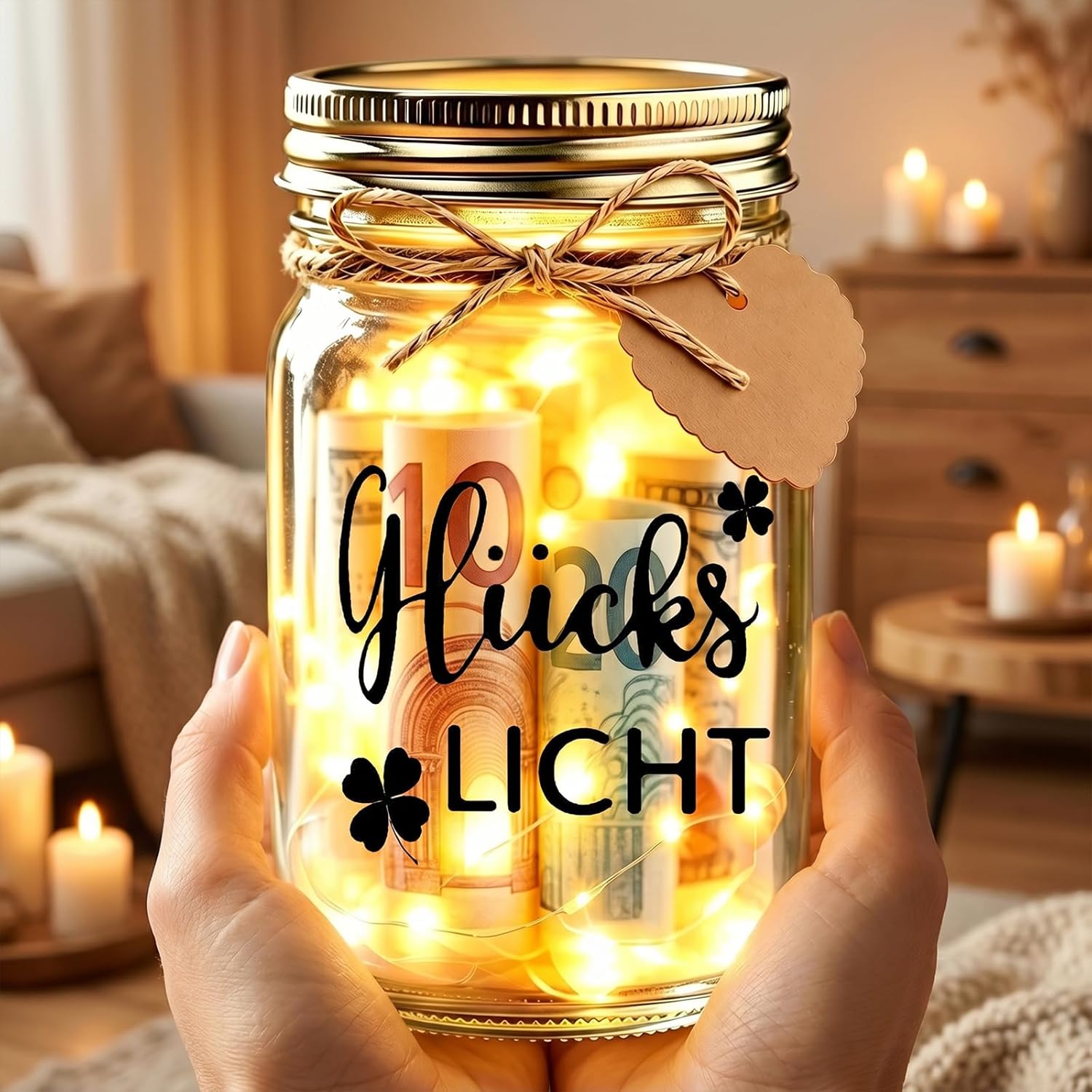 Detalle de Johiux Glückslicht LED-Flaschenlicht mit „Glück zurück“ für Geldgeschenke