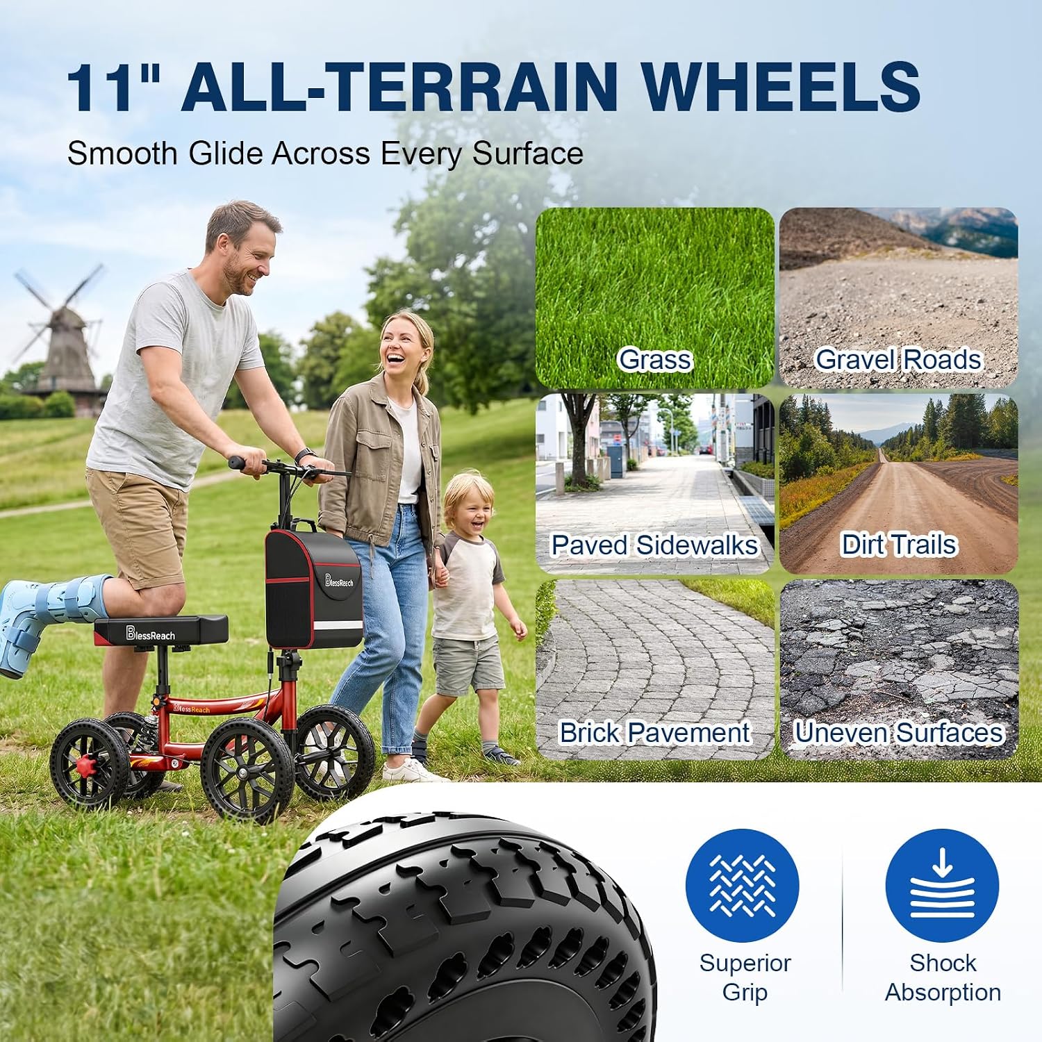 Thumbnail 4 de BlessReach All-Terrain Knee Scooter, Red, 11-Inch Front Wheels & Disc Brakes