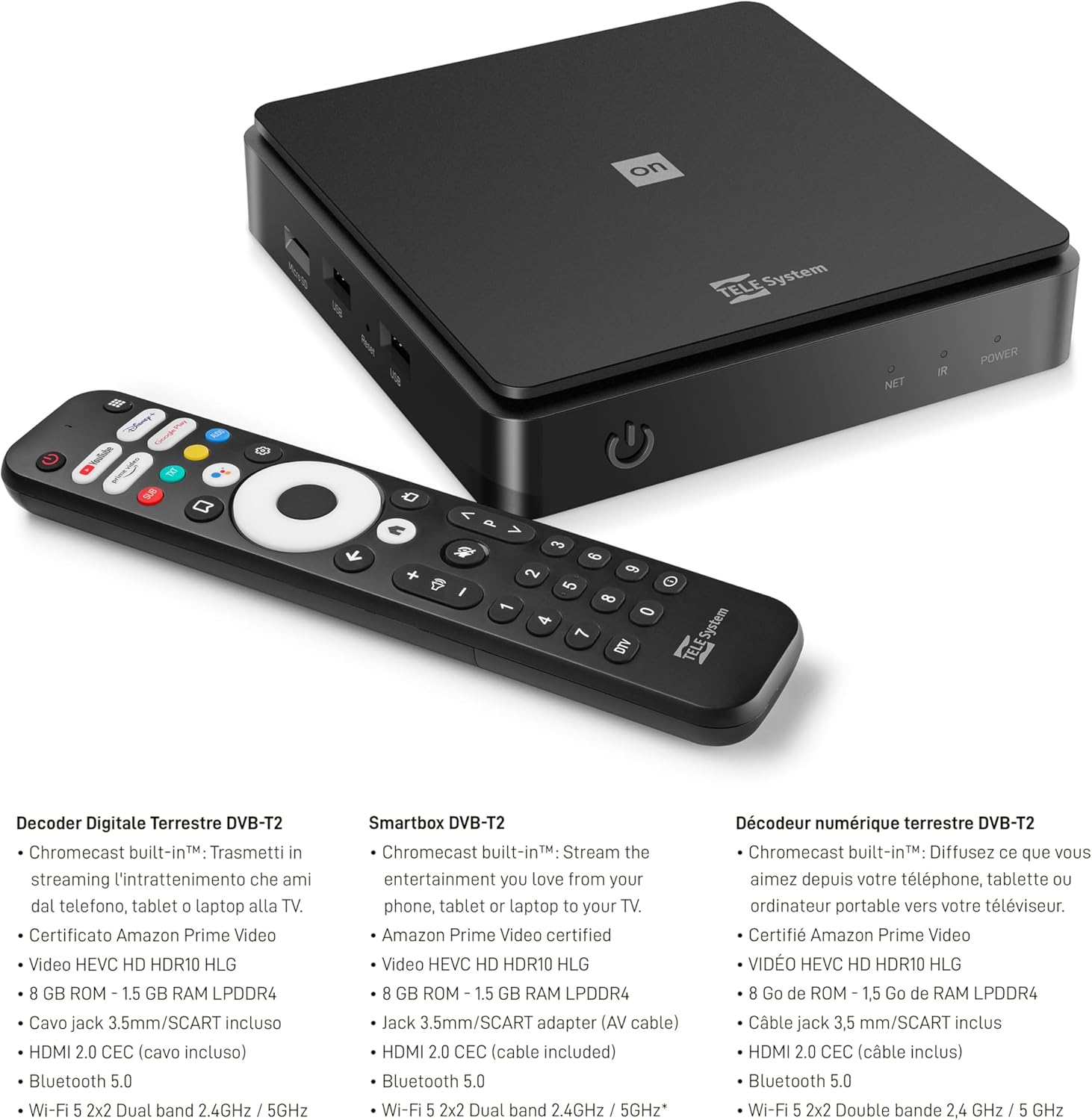 Thumbnail 6 de TELE System ON T2 HD Android TV con decoder DVB-T2 HEVC e HDR10+/HLG, Chromecast integrato (SCART incluso)