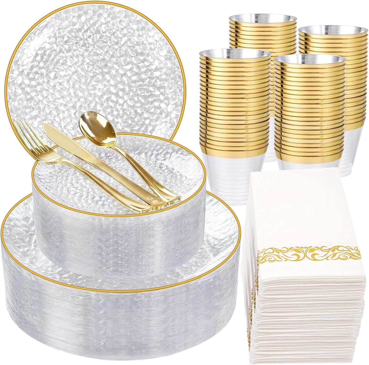 Imagen de Rubtlamp 350 Pcs Clear Gold Hammered Plastic Dinnerware Set en OfertitasTOP