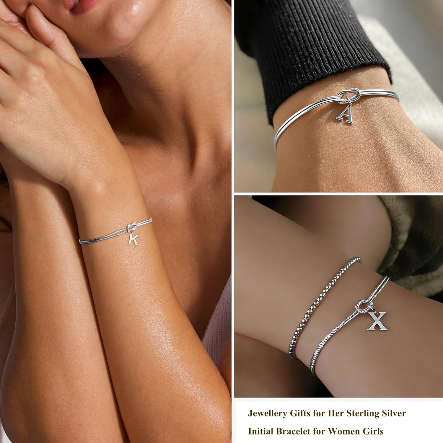 Thumbnail 5 de DORANA Sterling Silver Initial Bracelet with Love Knot – 6.5in + 2in extension