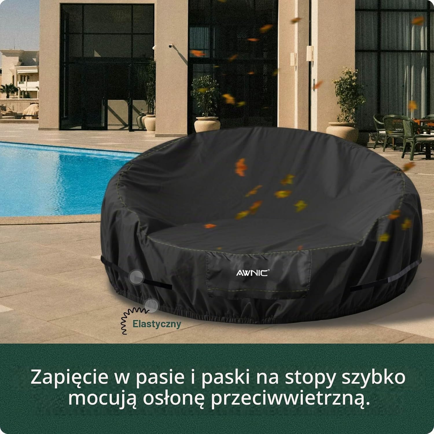 Detalle de AWNIC G19048-3D – okrągły pokrowiec na wyspę słoneczną 420D Oxford, 190 × 190 × 90 cm