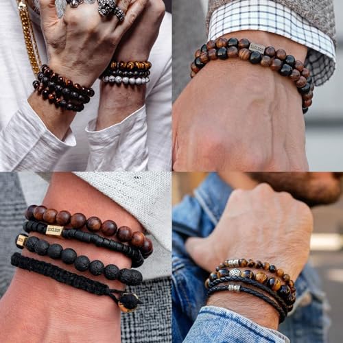 Detalle 2 de RANKEEF Tiger Eye Bracelet Set for Men – 8mm Natural Stone Beads, Lava Rock & Black Crystal, Adjustable Unisex Gift