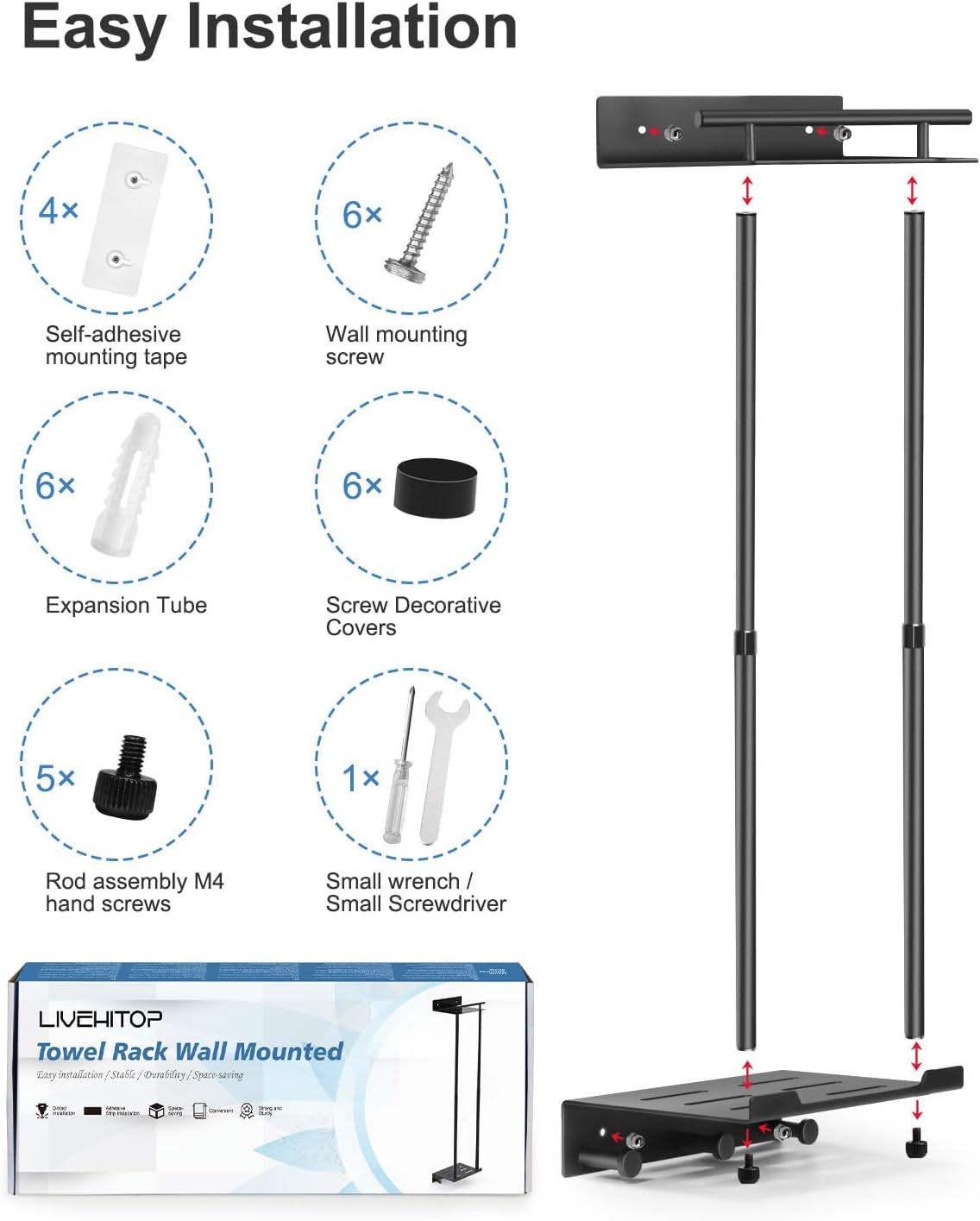 Detalle de LIVEHITOP UGA509 handdoekenrek met verstelbare stang, plank en 3 haken, zwart