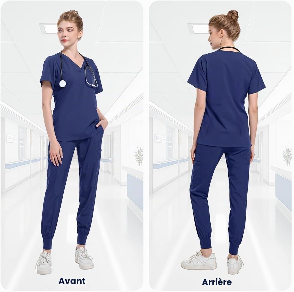 Detalle de BSBUY medisch uniform in marineblauw, stretchstof en broek met zakken