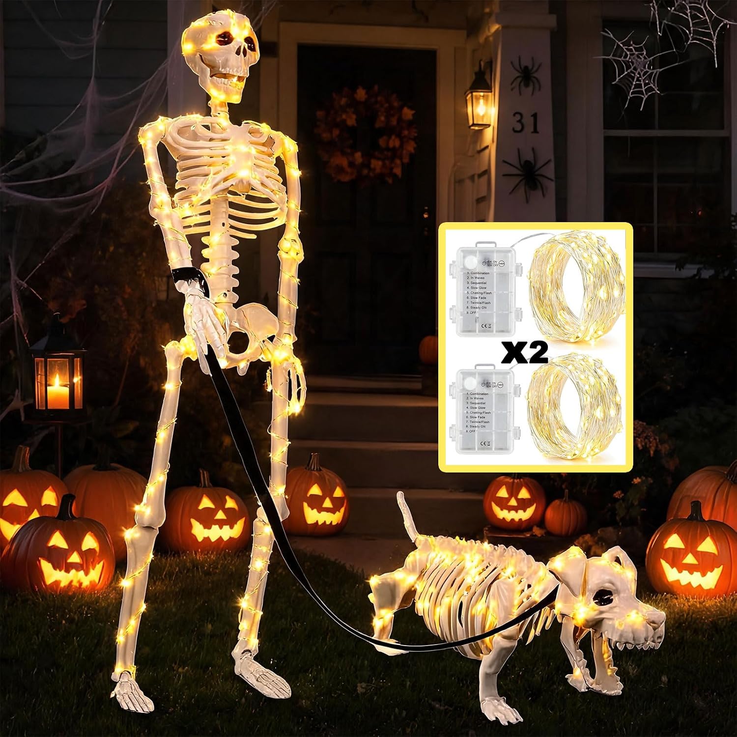 Detalle de UZYZMS Skeleton-Human-Dog Lighted Halloween Skeleton Set with 2 Light Strings