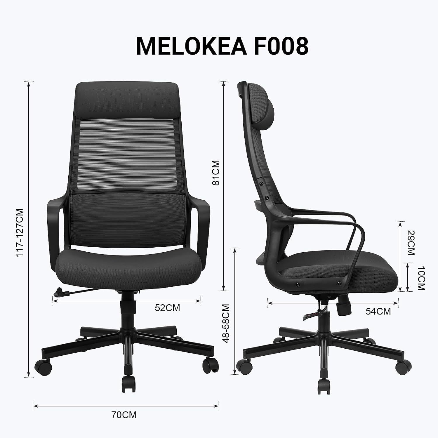 Detalle de MELOKEA Schreibtischstuhl: Ergonomischer Bürostuhl mit verstellbarer Lordosenstütze, Kopfstütze und Hoher Rückenschonung – Schwarz