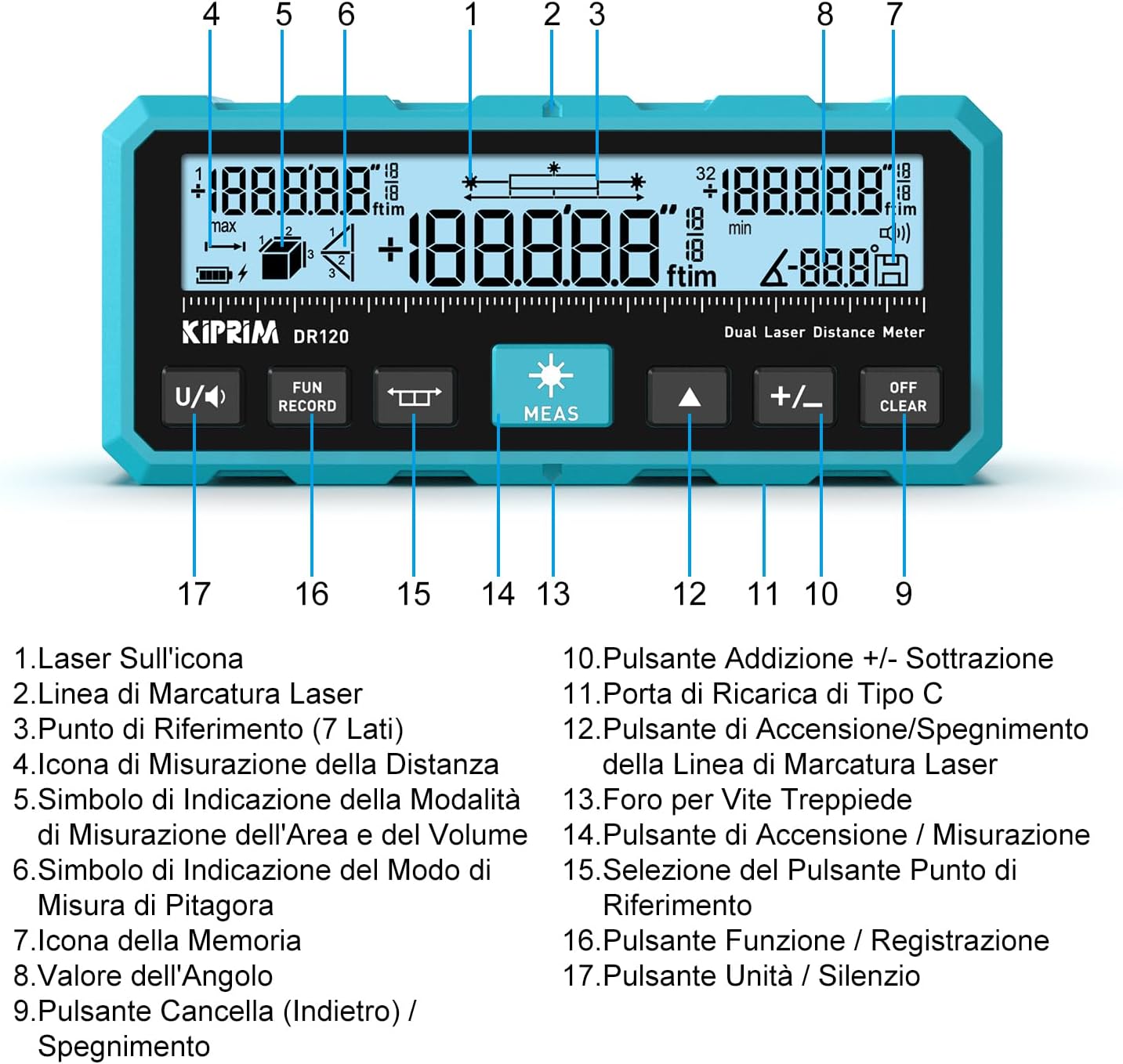 Thumbnail 2 de KIPRIM Metro Laser 120m DR120: misurazione bidirezionale, linea laser verticale e livella elettronica