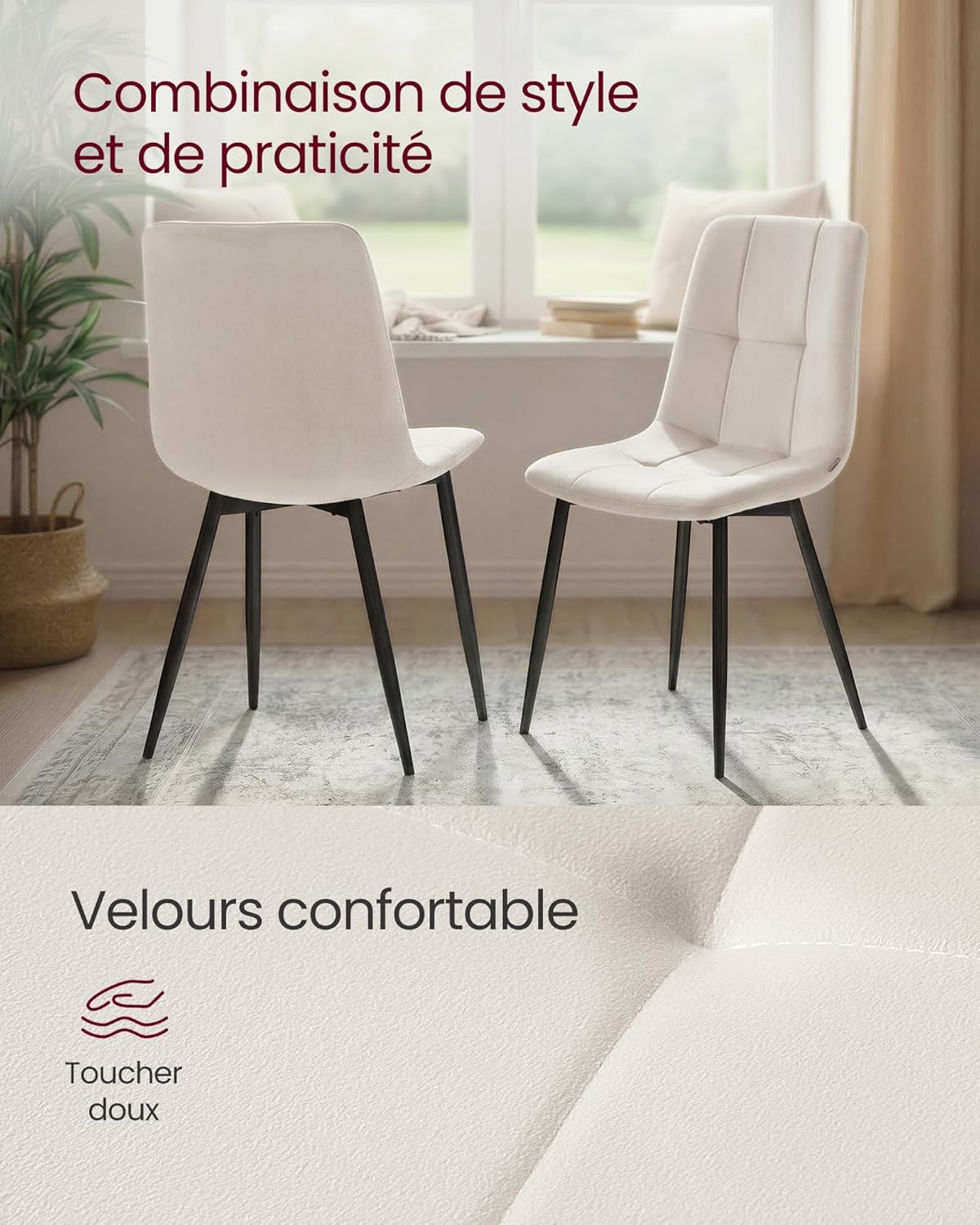 Thumbnail 3 de Lot de 4 chaises de salle à manger en velours VASAGLE KDC080LH01, beige cappuccino, dossier et assise rembourrés