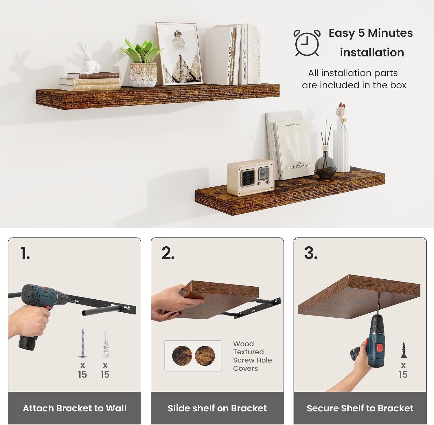 Thumbnail 6 de Vivelove MDF23.5-48inch-1P-BR Floating Shelf, 48-Inch Rustic Brown Wall Shelf