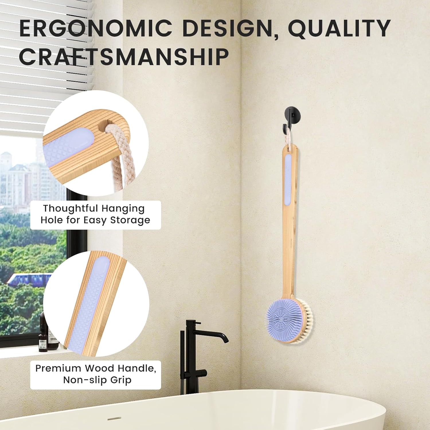 Detalle de Back Scrubber for Shower: Double-Sided Silicone & Dense Nylon Bristles with Bamboo Handle