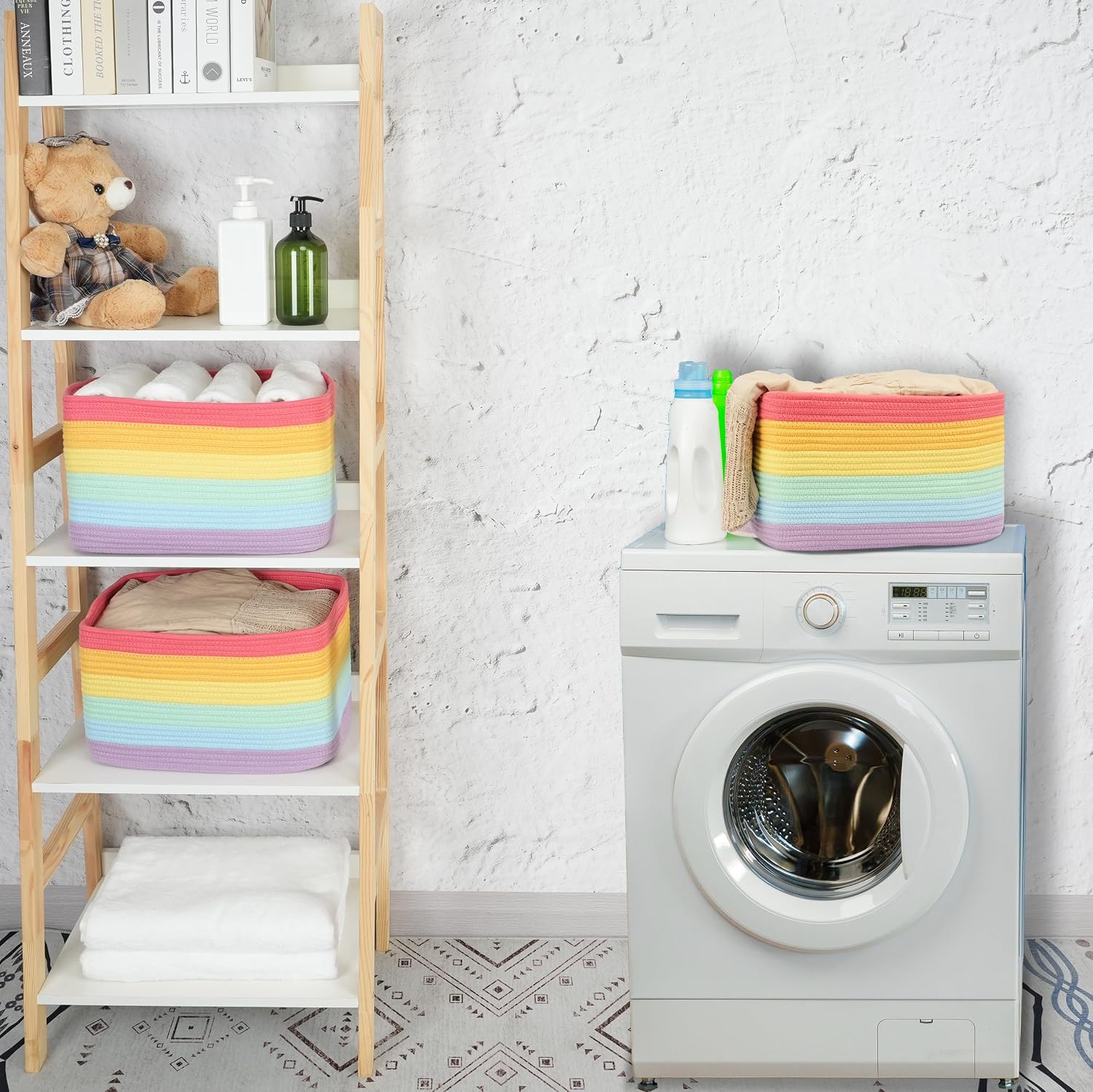 Detalle de XUANGUO LBG-0001 Woven Cotton Rope Storage Baskets, 3-Pack, Rainbow