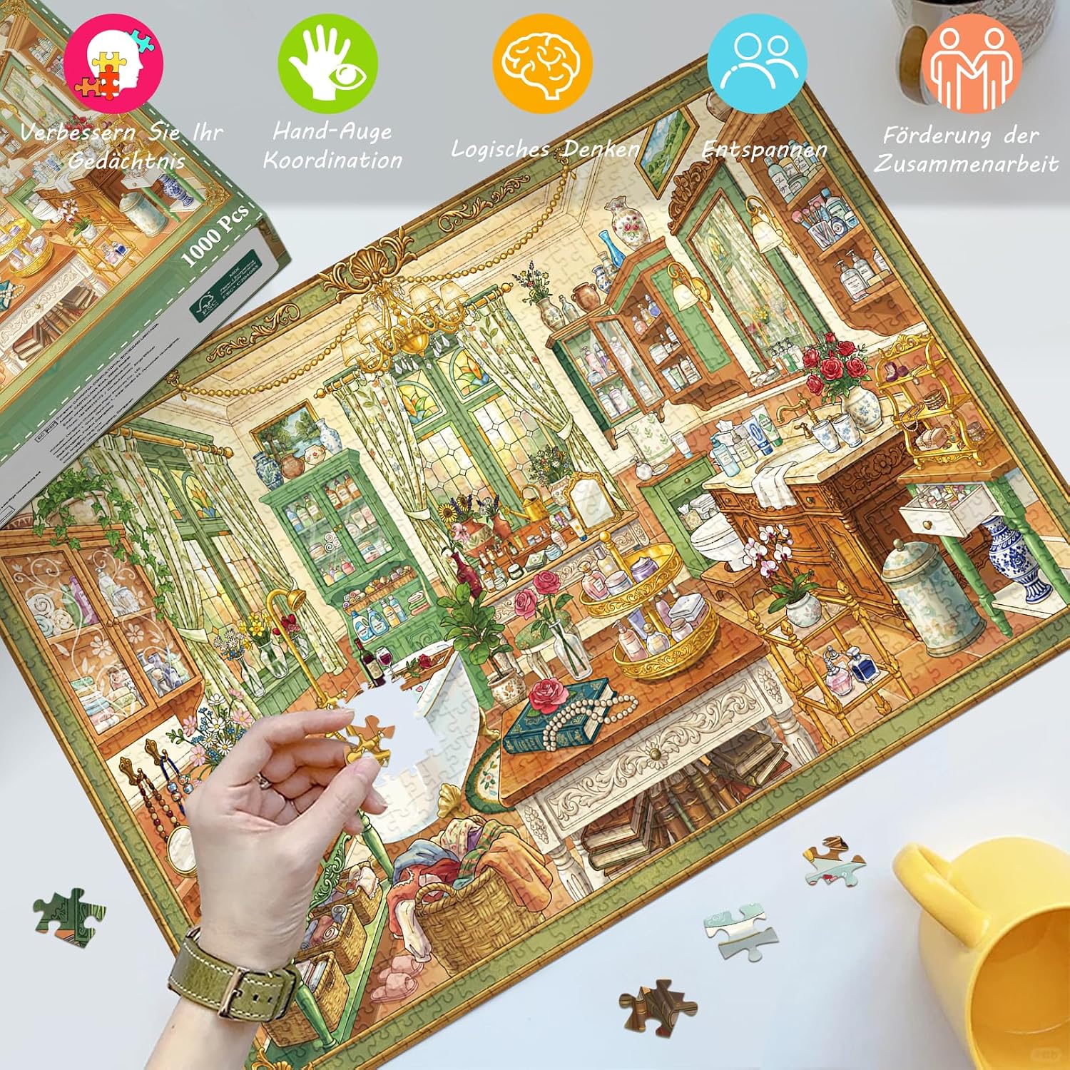 Detalle de HUADADA 1000-Teile Puzzle Vintage Badezimmer – mattes Öldruck, augenschonend, staubfrei, 70 × 50 cm