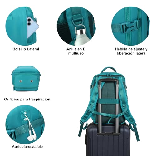 Detalle de Mochila de viaje cabina expandible 1990s Verde 40x25x20-25 cm, 25 L con compartimento para zapatillas y portátil de 14