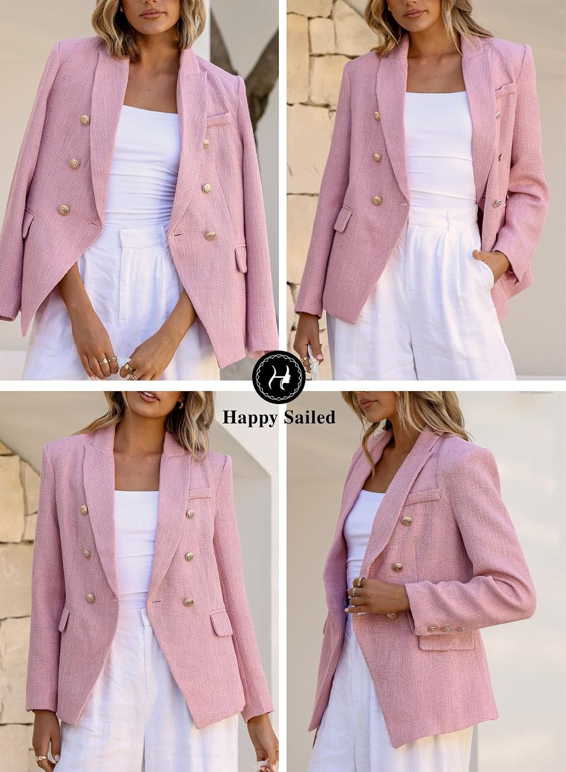 Detalle 2 de Happy Sailed Womens Tweed Blazer casual double-breasted jacket