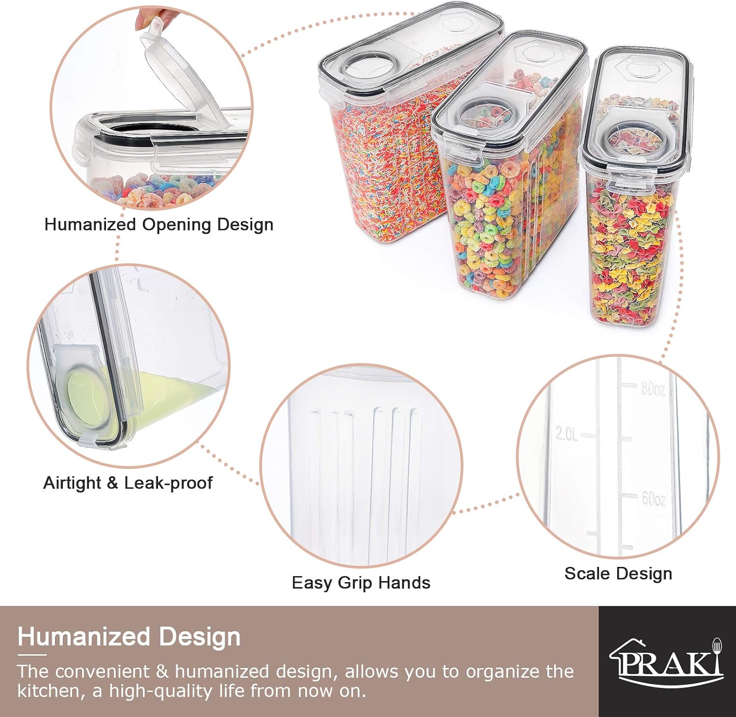 Thumbnail 5 de PRAKI 5PCS Cereal Containers Storage Set with Lids, 4L BPA-Free Airtight Food Storage for Pantry Organization