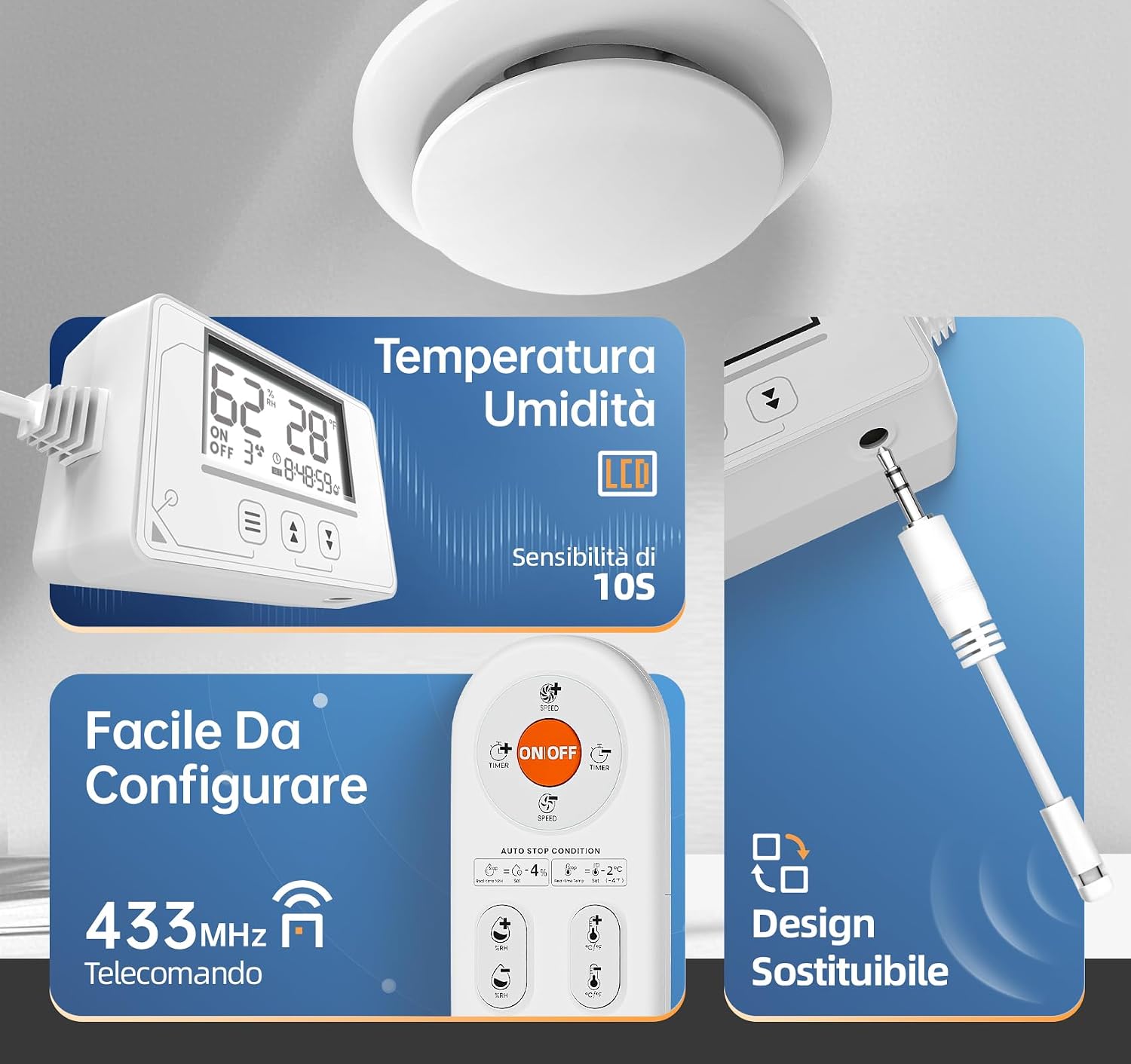Detalle de BUMSOU Ventole di aerazione 100mm con sensore di umidità, sensore di temperatura e timer P109