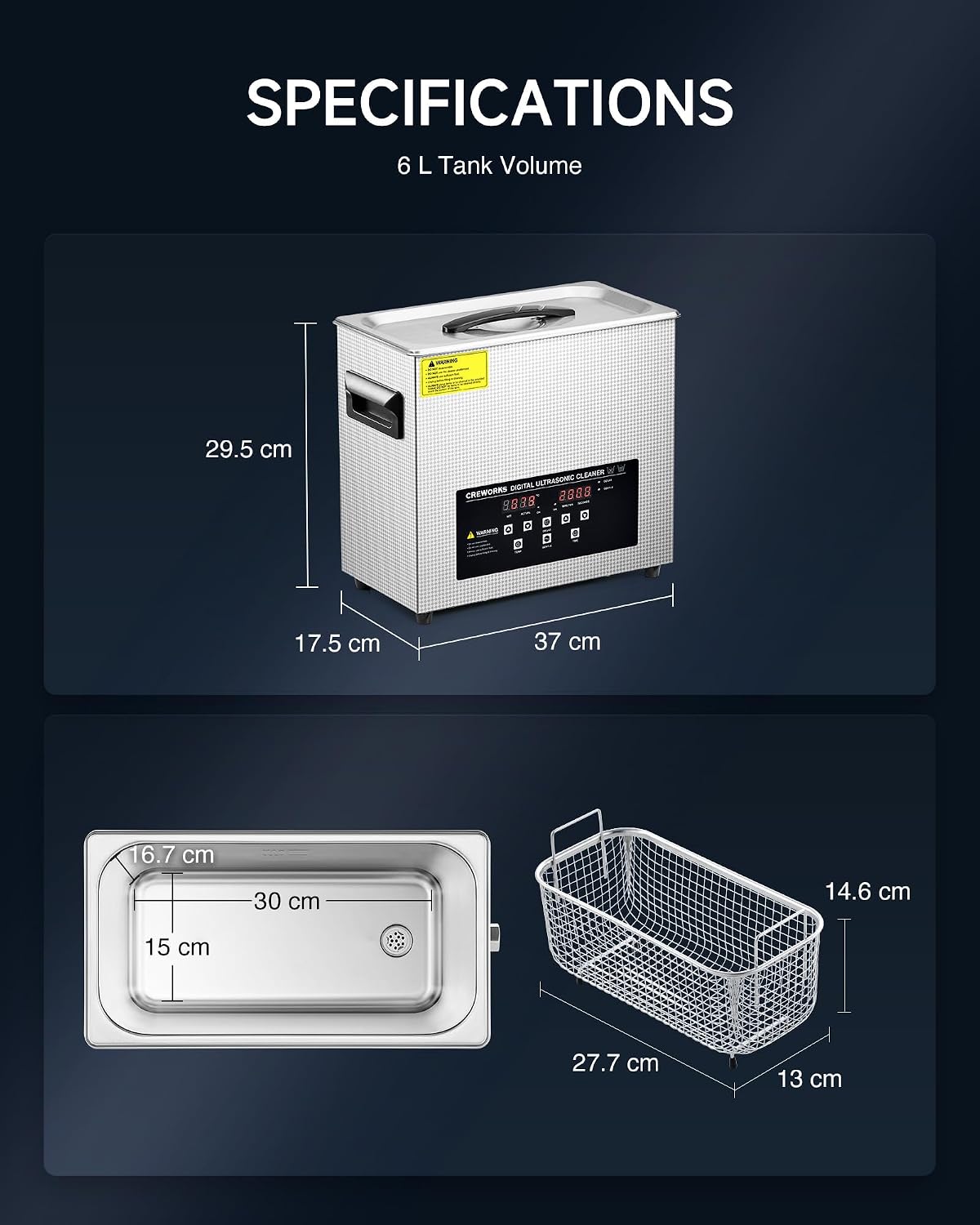 Detalle de CREWORKS Ultrasonic Cleaner 6L with Digital Timer & Heater