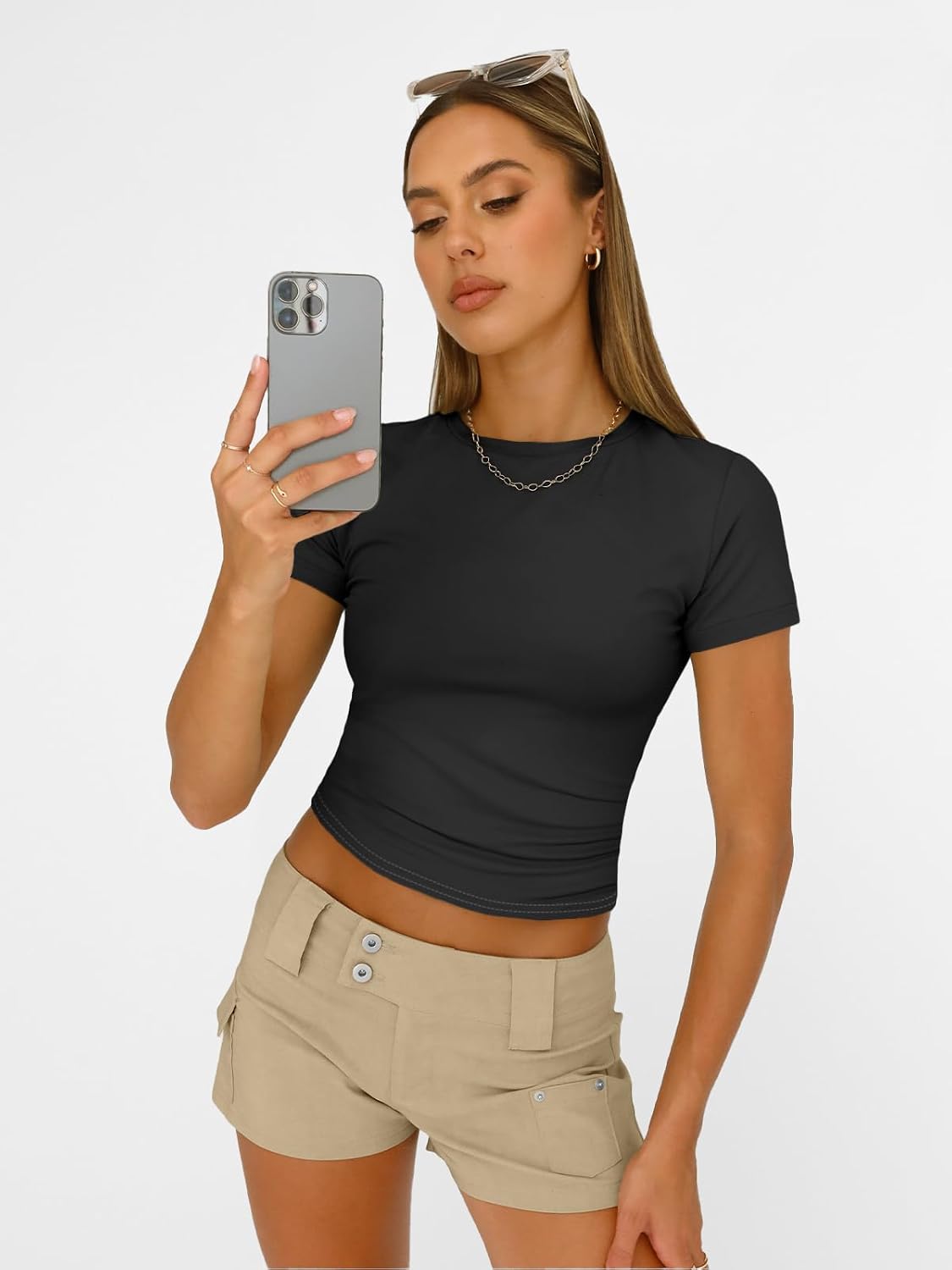 Detalle de AUTOMET Women's Crew Neck Short Sleeve Summer Basic T-Shirt