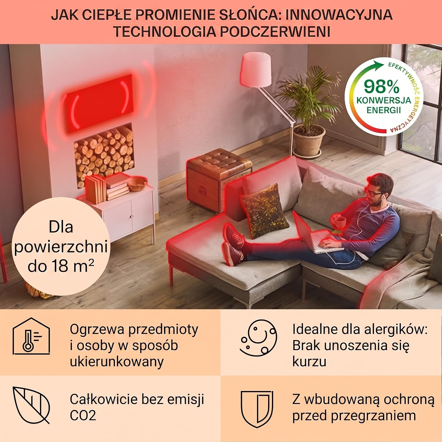 Detalle 1 de Klarstein La Palma – lustrzany grzejnik na podczerwień 900 W, IP24, Wi-Fi