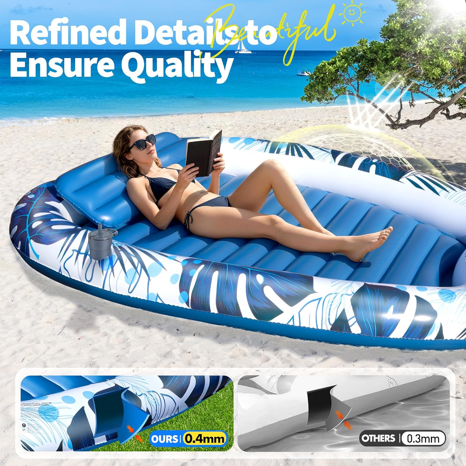 Detalle 2 de LanOcean Luftmatratze Pool Erwachsene 230 × 170 cm – XXL-Liege mit Getränkehaltern