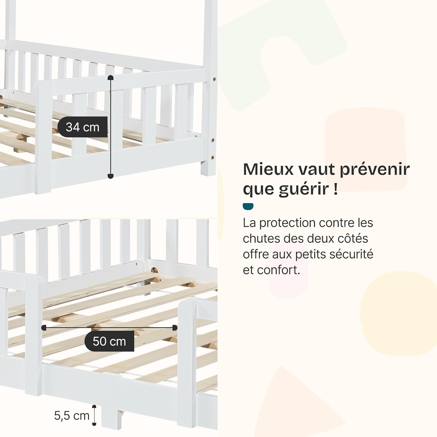 Thumbnail 3 de [en.casa] Lit d'enfant Design en Forme Maison avec Grille de Protection – Pin massif et contreplaqué, 200 x 90 cm, Blanc Mat