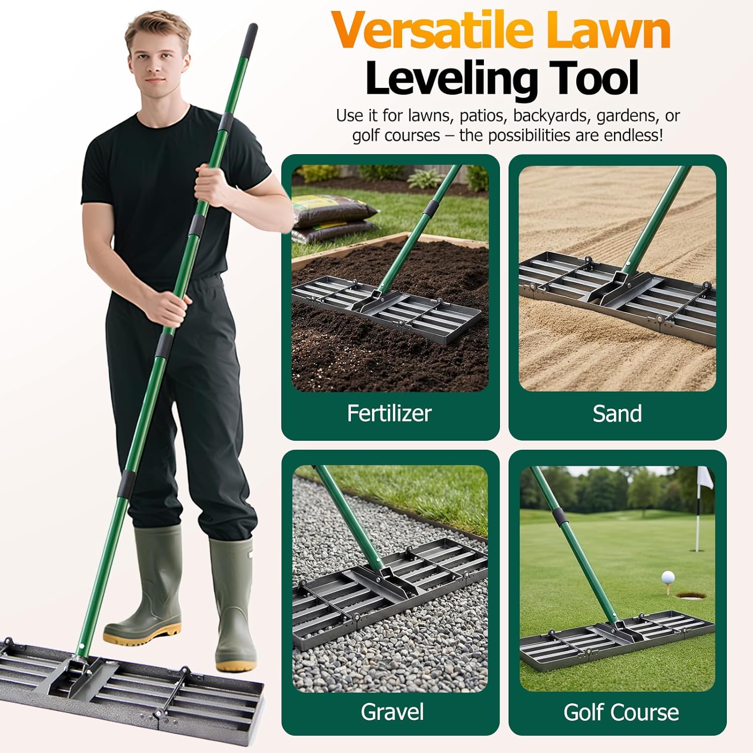 Thumbnail 5 de 76x25cm Lawn Levelling Rake with Adjustable 85–195cm Handle – Heavy-Duty Ground Leveler for Soil, Sand & Gravel