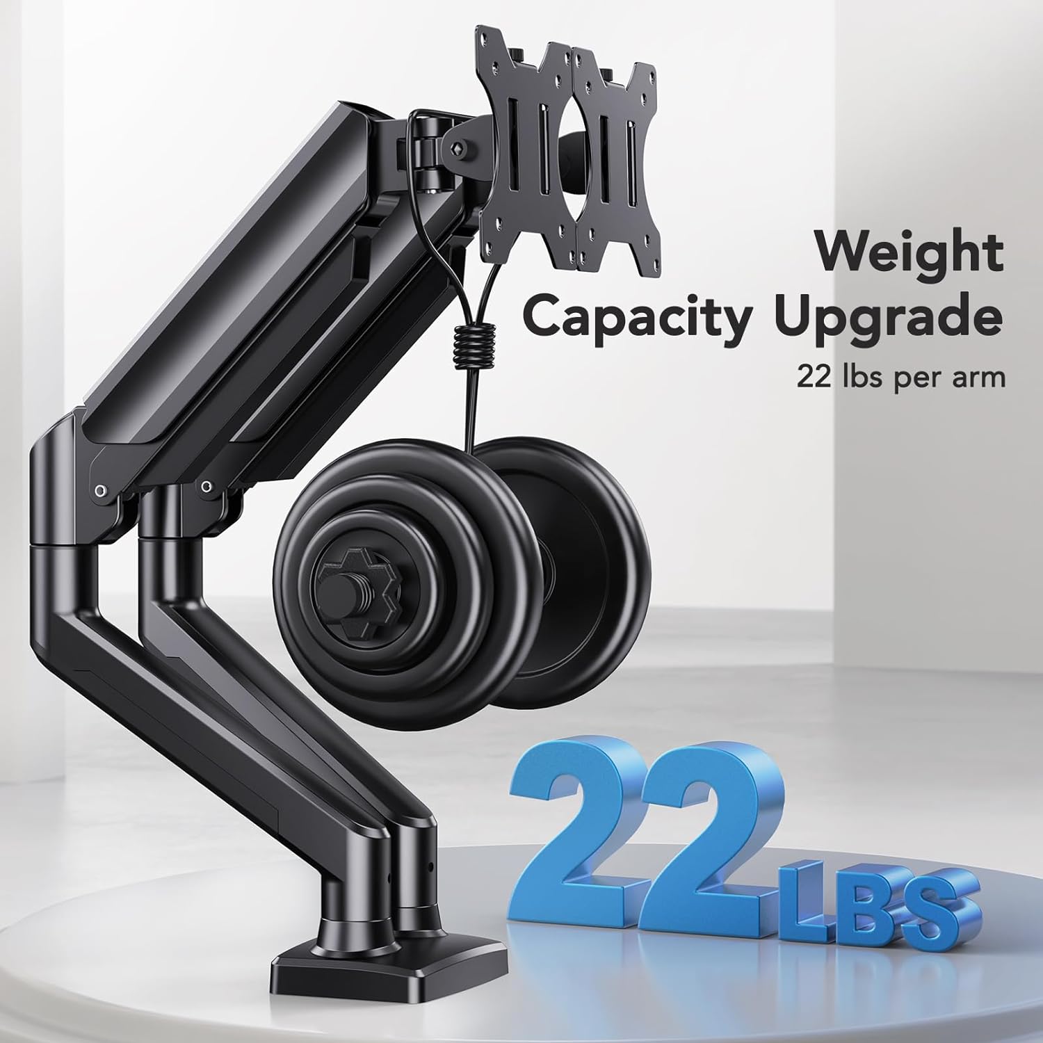 Detalle de HUANUO Dual Monitor Mount for 2 Monitors up to 32" – Height‑adjustable, 10kg per arm, VESA 75x75/100x100