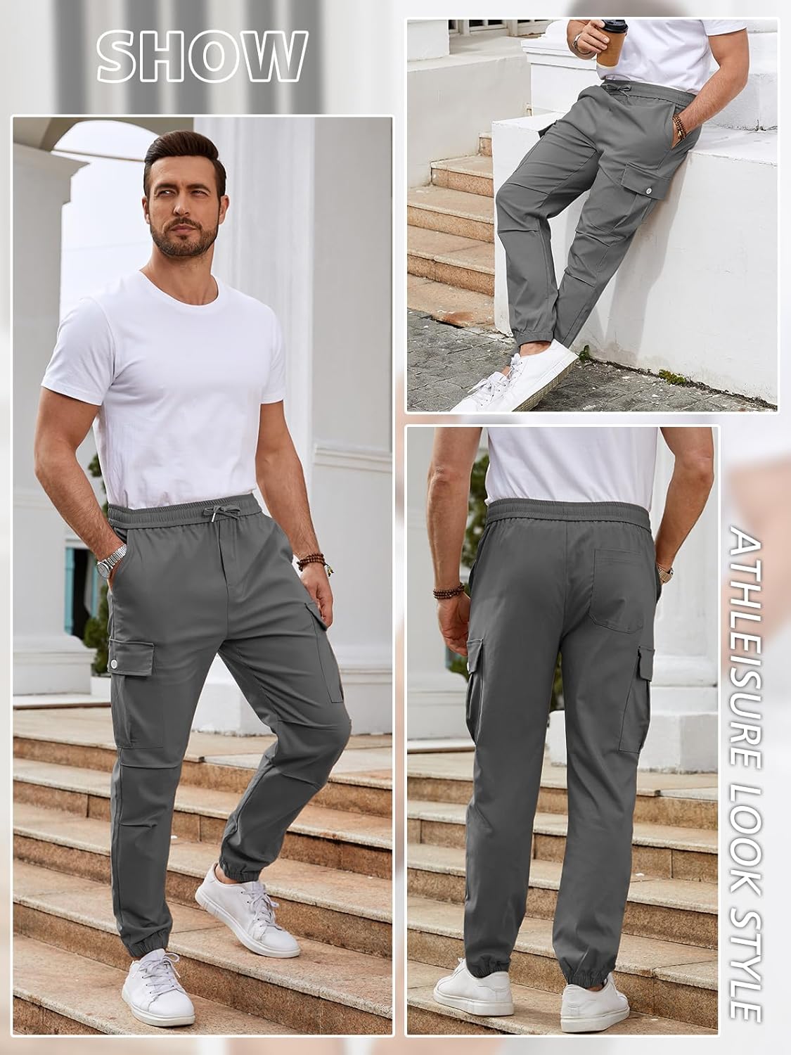 Thumbnail 6 de Tolaler Cargohose Herren Jogger Cargo – elastischer Kordelzug, 5 Taschen, Stretch