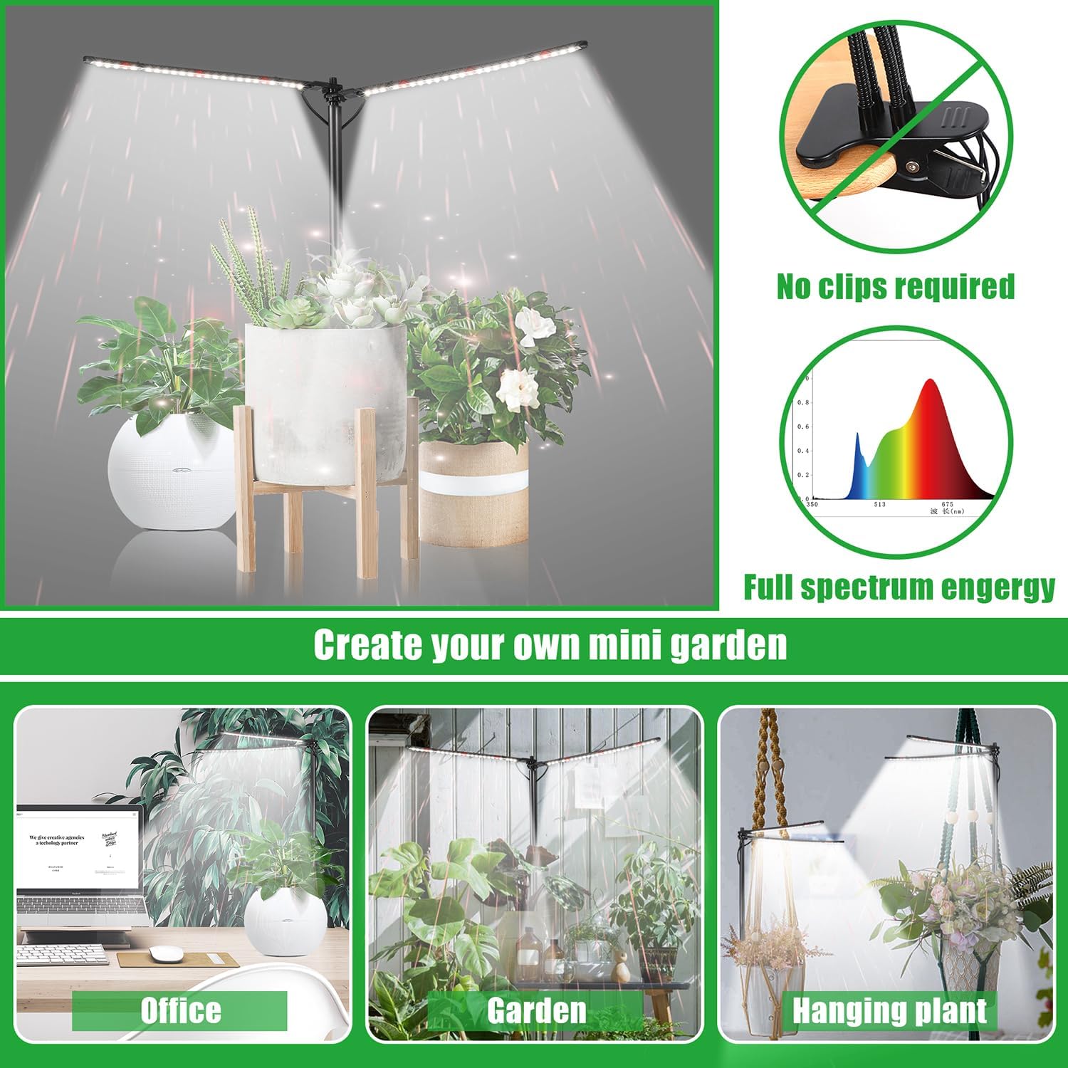 Detalle de bodkar BK-PL1007-v1 Dual-Head LED Grow Light, 6000K Full Spectrum, USB