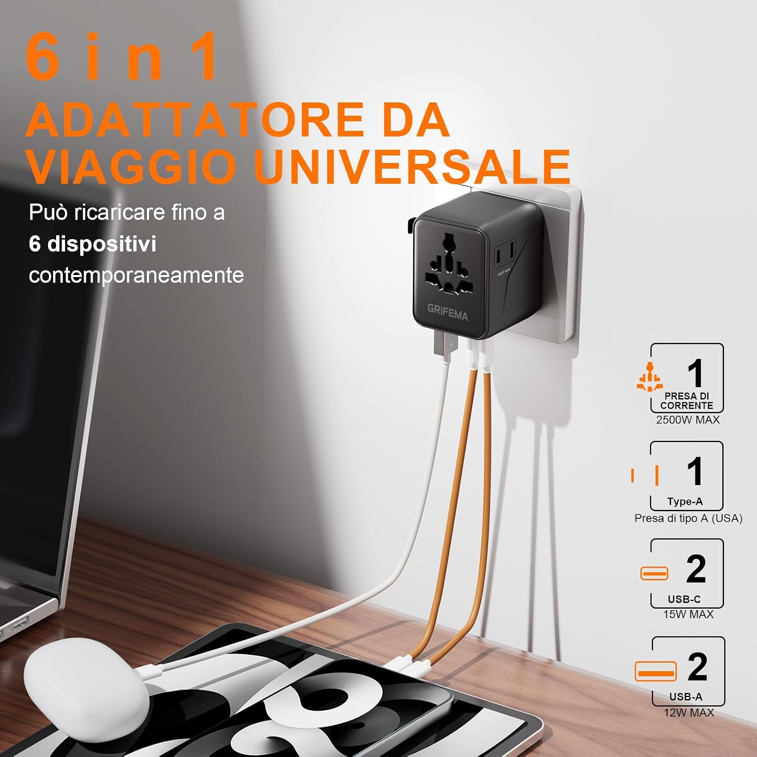 Thumbnail 1 de GRIFEMA Adattatore universale da viaggio 6 in 1: 2 USB-C, 2 USB-A e 2 prese AC per viaggiare in sicurezza