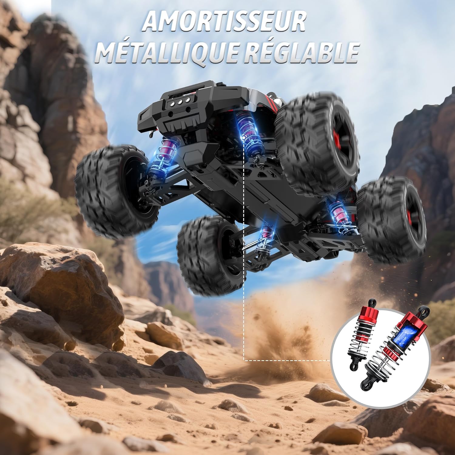 Detalle 2 de Evmore Voiture Télécommandée 1:16 4WD — Haute Vitesse, 55 km/h et Suspension Tout-Terrain, avec 2 Batteries