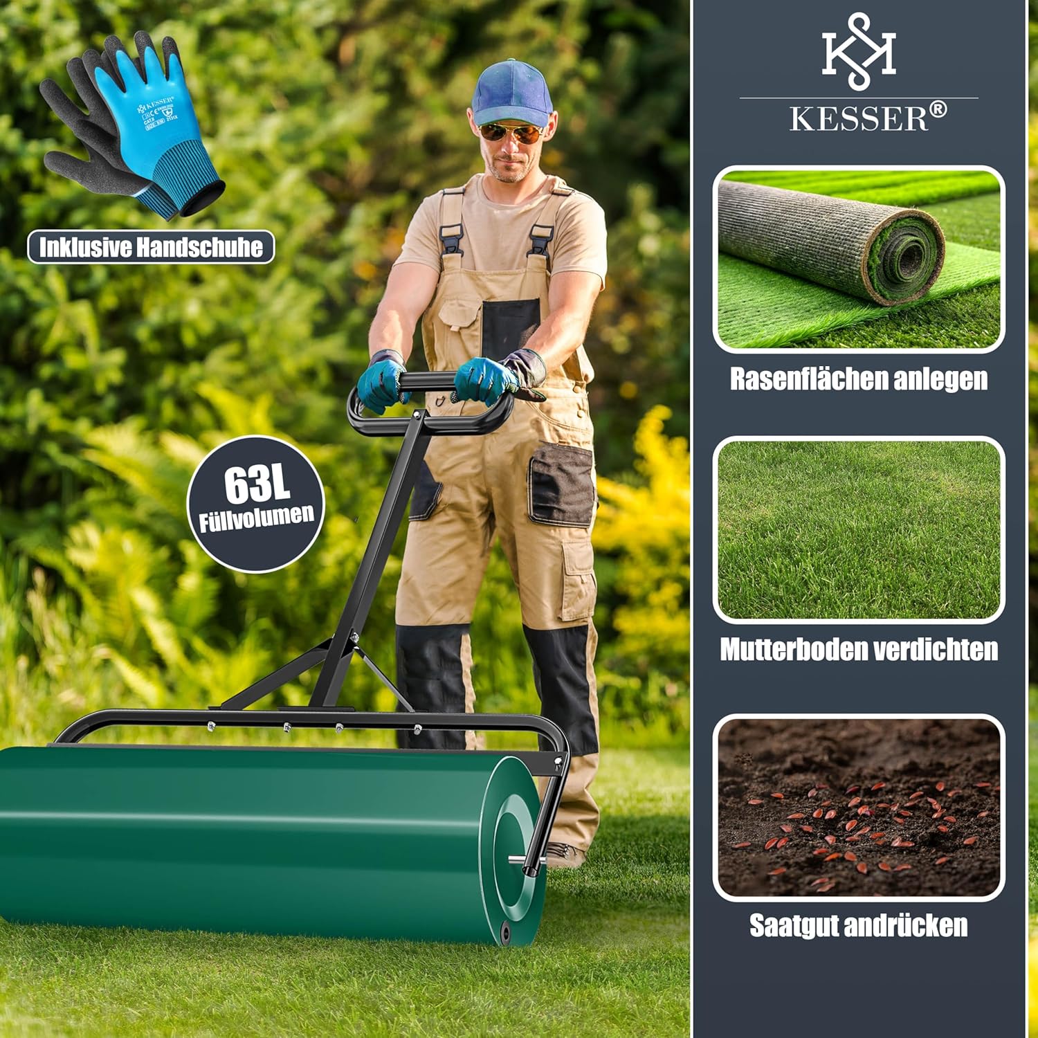 Thumbnail 5 de KESSER® Rasenwalze Metall, befüllbar mit Wasser oder Sand (63 Liter) – 99 cm Arbeitsbreite