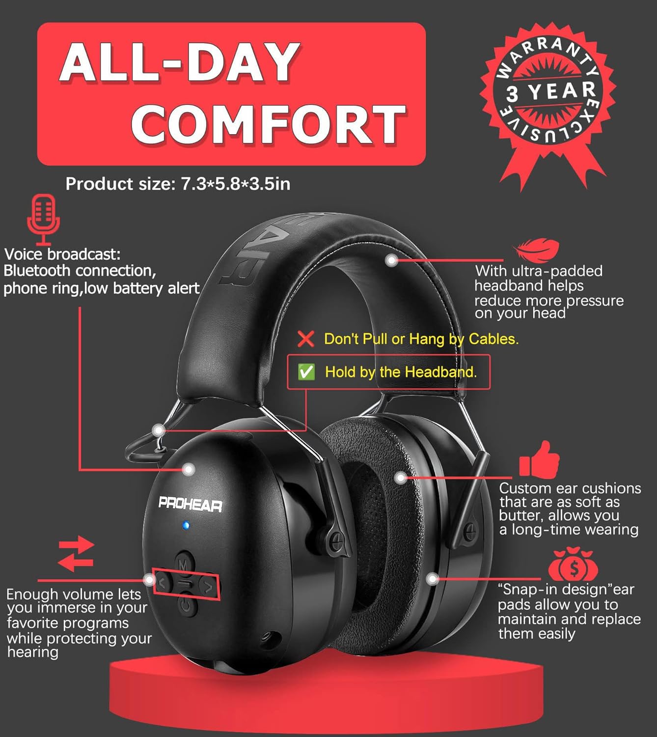 Thumbnail 6 de PROHEAR 037 Bluetooth 6.0 Hearing Protection Headphones (30 dB SNR) with 1500mAh Rechargeable Battery, Black