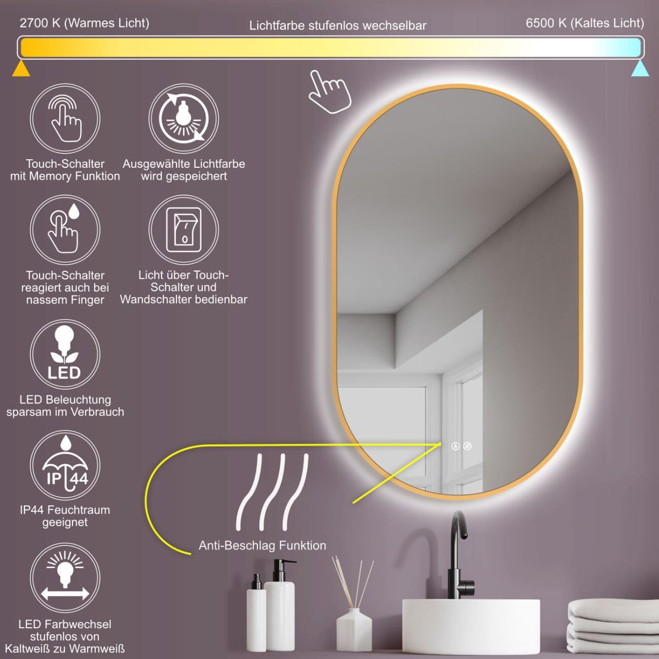 Thumbnail 1 de HOKO Specchio-Parete Luminoso Ovale Antiappannamento 45x75 cm / 75x45 cm con Cornice Dorata e LED regolabili