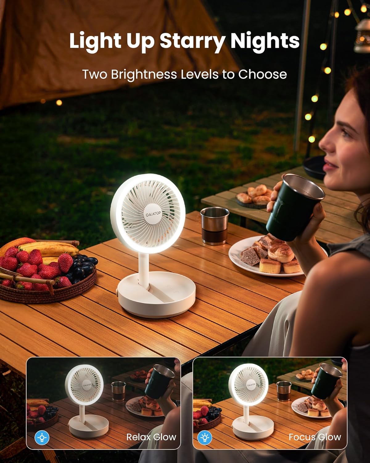 Detalle de Gaiatop Foldable Small Desk Fan (6000mAh) with LED Night Light – portable desktop fan for bedroom, office and travel