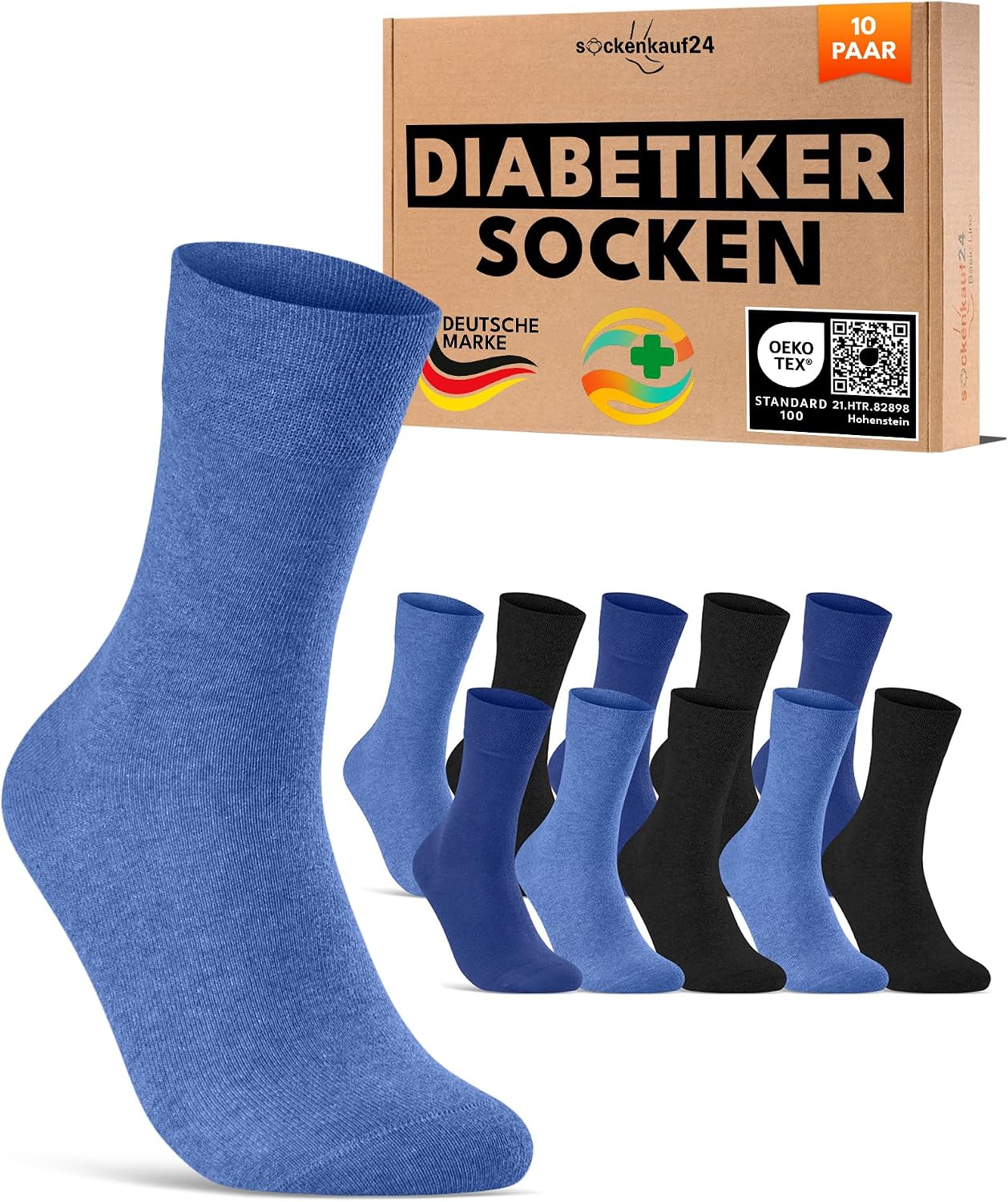Detalle 2 de sockenkauf24 10 Paar Diabetikersocken ohne Gummibund und ohne Naht (Baumwolle) für Damen & Herren