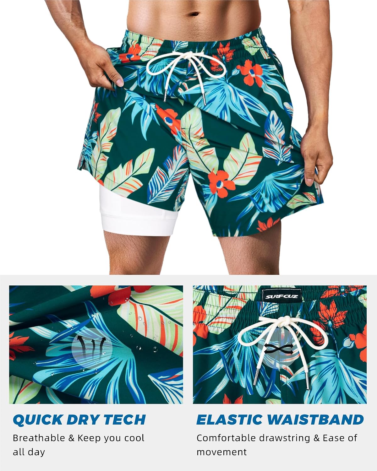 Detalle de SURF CUZ 7-Inch Men’s Swim Trunks with Compression Liner: Quick-Dry 2-in-1 Board Shorts