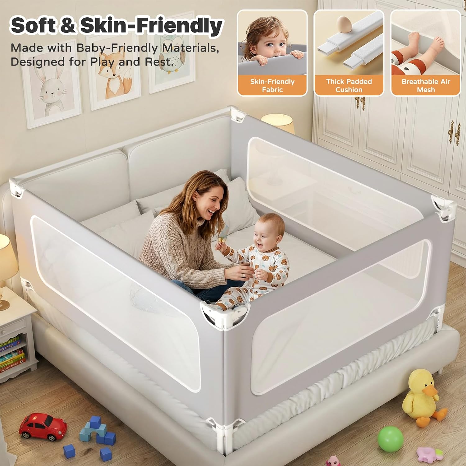 Detalle 2 de MagicFox 3-Piece Queen Bed Rails for Toddlers, Adjustable Guard with Double Locks
