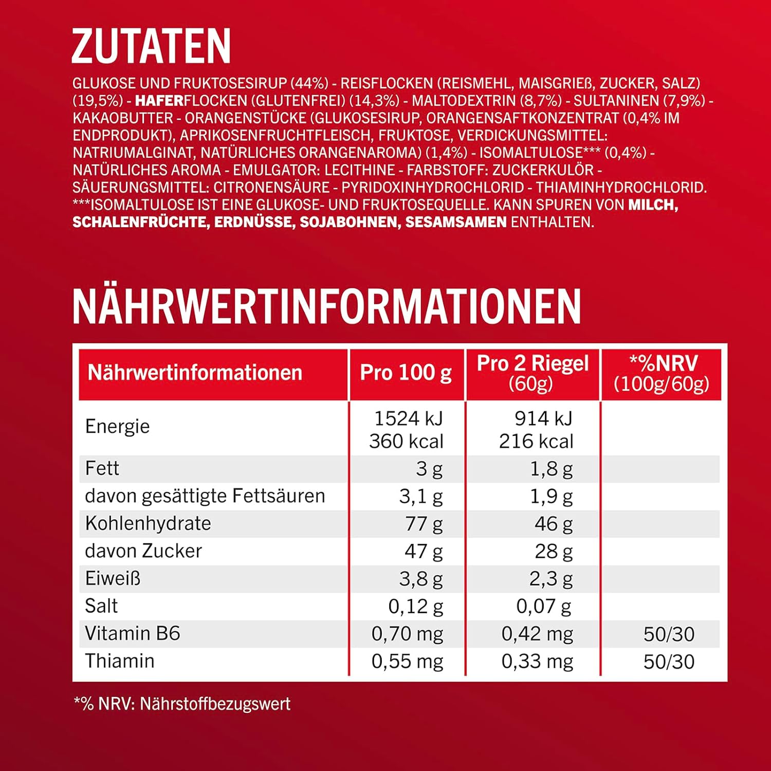 Detalle de Enervit Competition Bar Orange – Energieriegel mit Orangestückchen, 22 g Kohlenhydrate (vegan, glutenfrei), 12 Riegel à 30 g