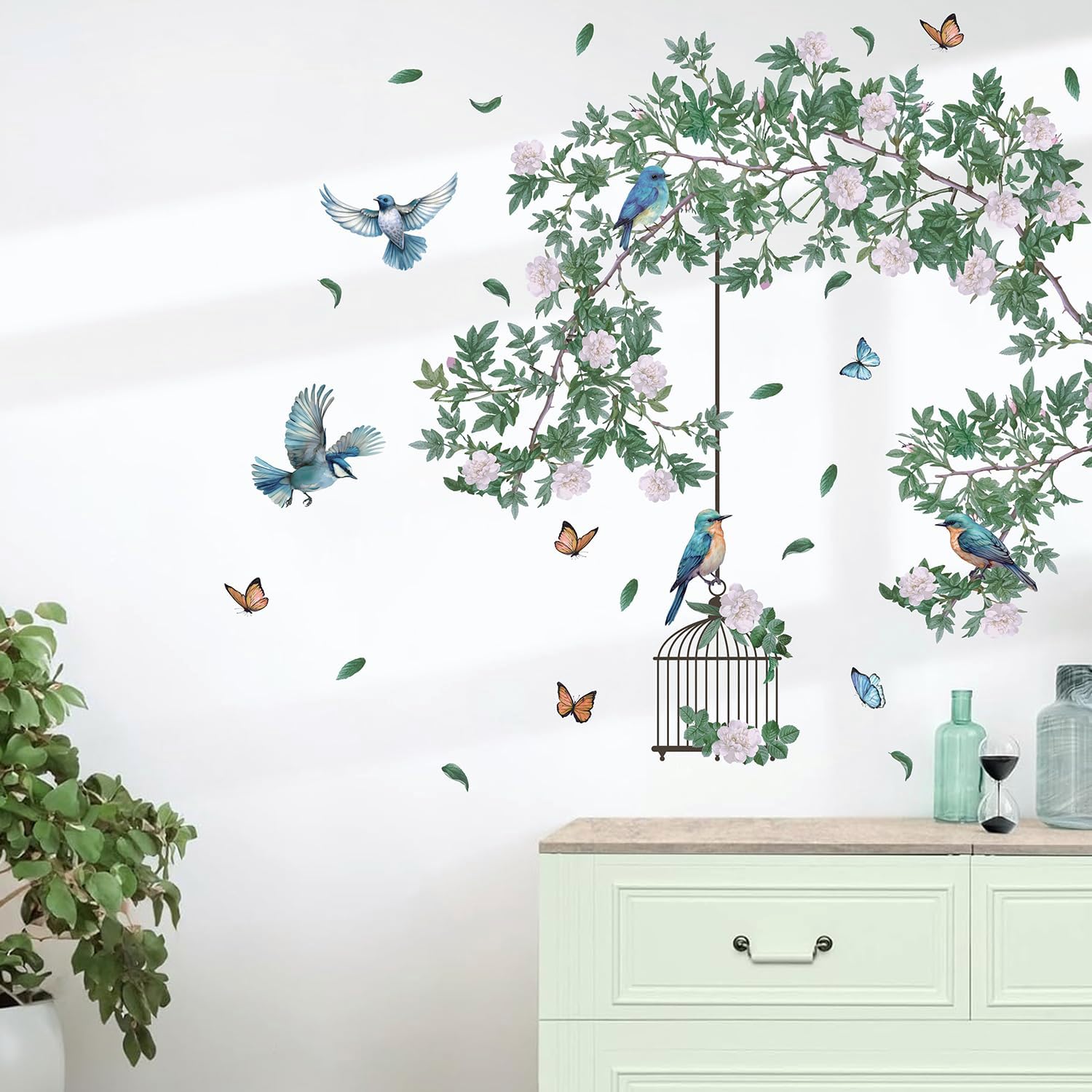 Detalle de HPUINB Green Plants & Birds wall stickers with tropical leaves (removable palm tree mural)