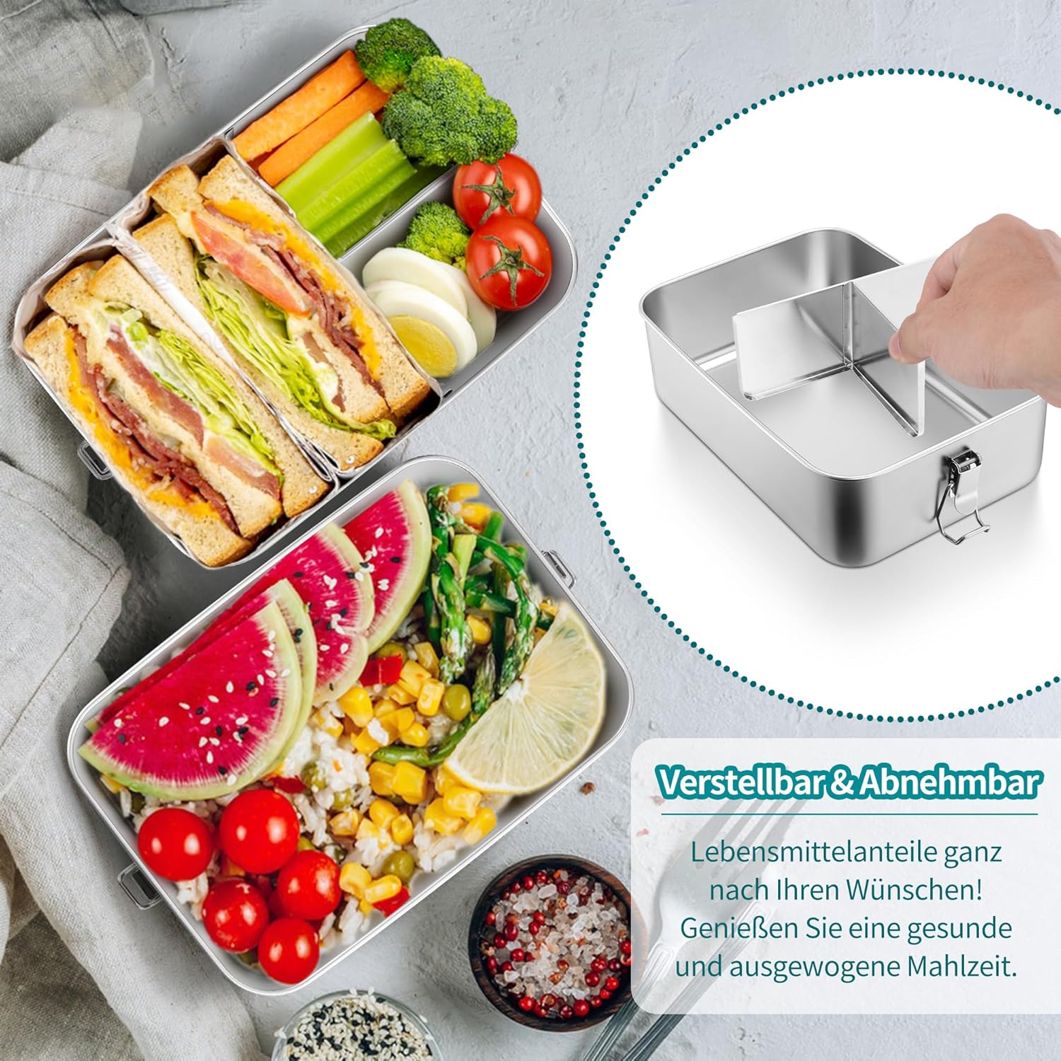 Thumbnail 3 de HaWare Brotdose mit Fächern – 2400 ml Edelstahl Lunchbox, auslaufsicher, mit abnehmbarer Trennwand, spülmaschinenfest