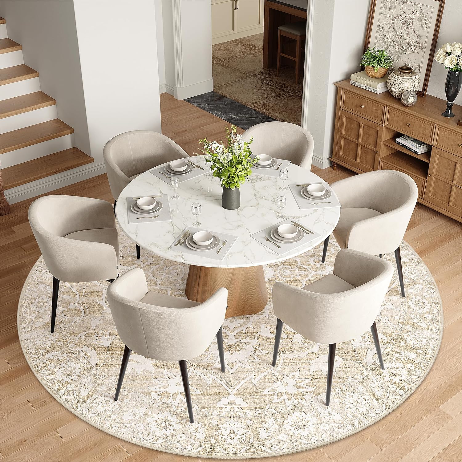 Detalle de Soalmost Washable Round Rug 8ft Round — Ultra-Soft Vintage Floral, Non-Slip, Machine Washable