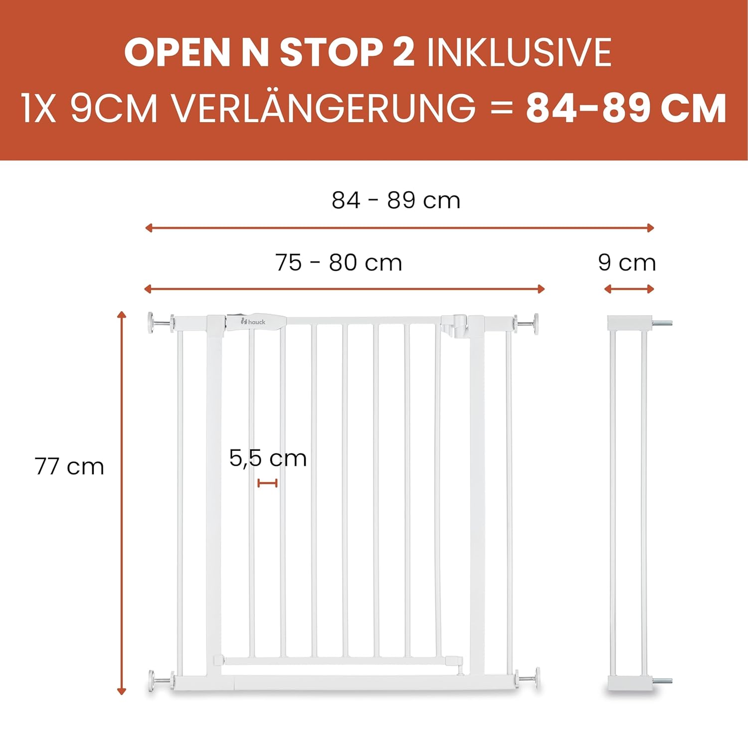 Detalle de hauck Open N Stop 2 + 9 cm Verlängerung – Tür- und Treppengitter, Weiß, 84–89 cm Breite, 77 cm hoch
