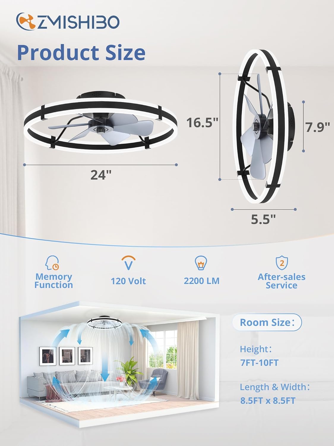 Detalle de ZMISHIBO 24 Inch Black Ceiling Fan with Lights and Remote