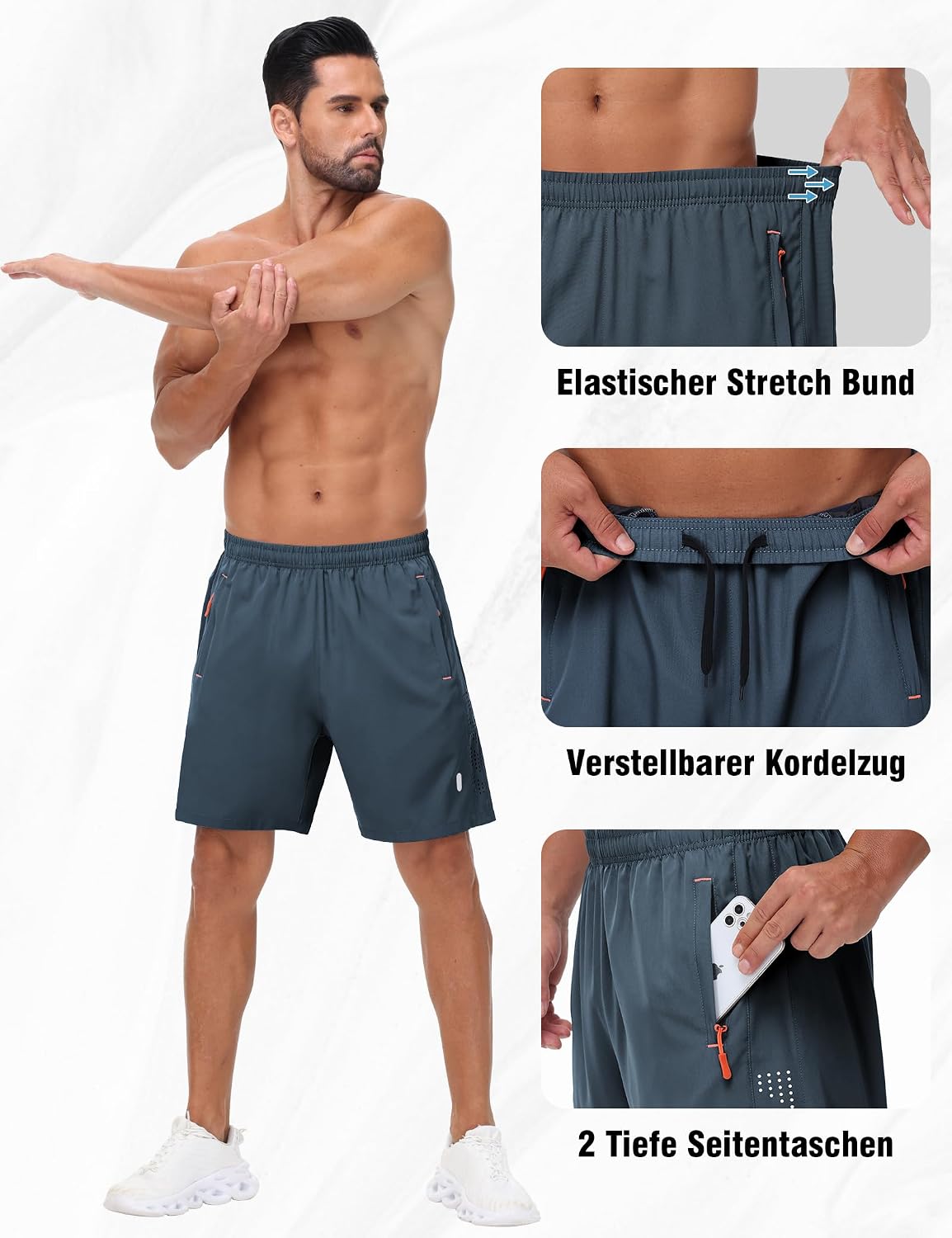 Detalle de Kuzwufs Herren Sportshorts Kurz – Atmungsaktiv, Dry-Fit, 2er Pack mit Reißverschlusstaschen
